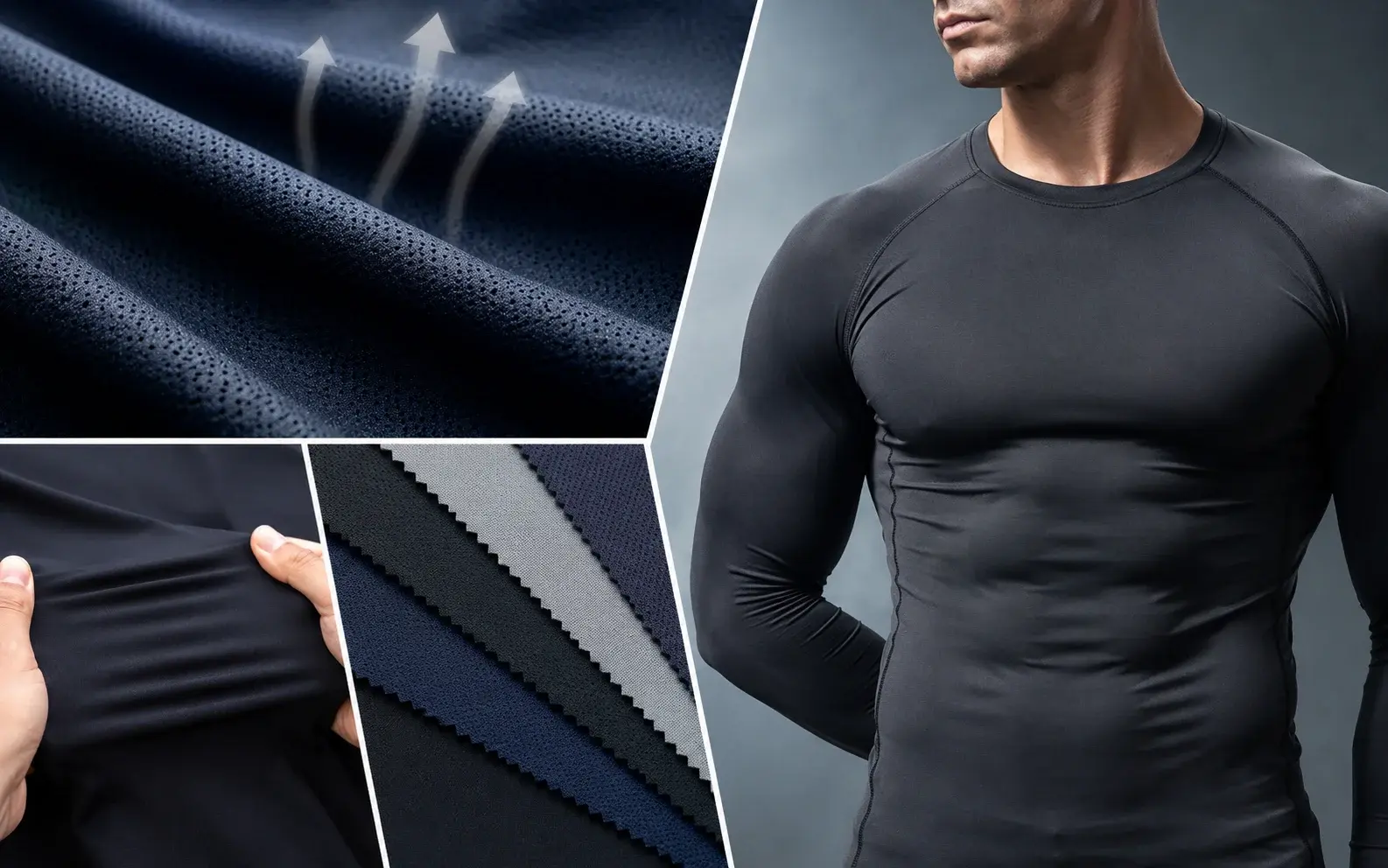  Close-up collage of breathable stretch fabrics, fabric swatches, and an athletic man wearing a fitted black compression shirt, highlighting performance materials used for compression apparel.